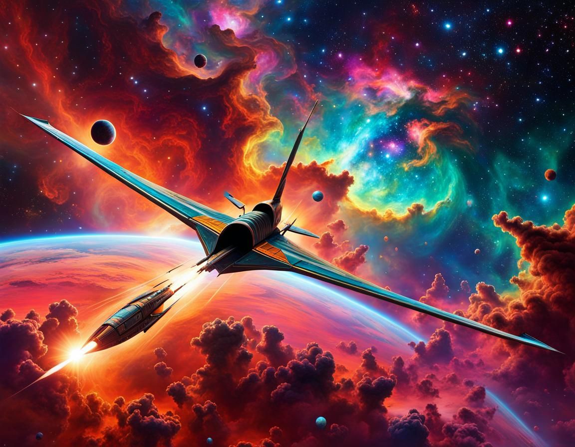 Arrow Spaceship Soaring Before Giant Nebula