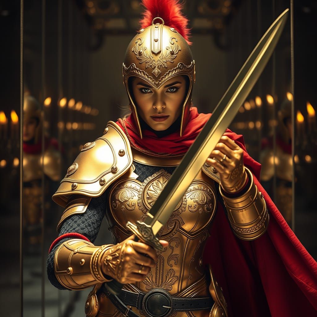 Warrior Goddess Engulfed in Labyrinthine Mirrors