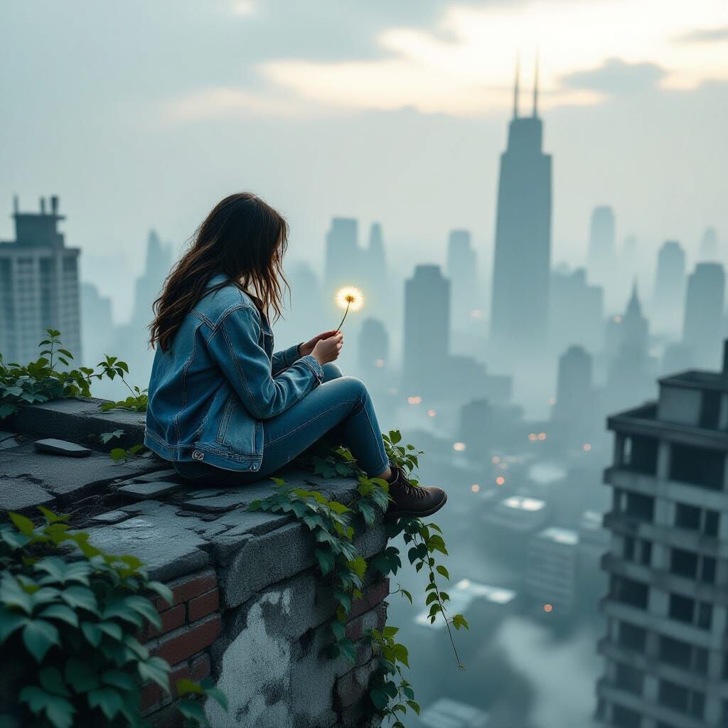 Decaying Cityscape with Glowing Dandelion, Hyperrealistic St...