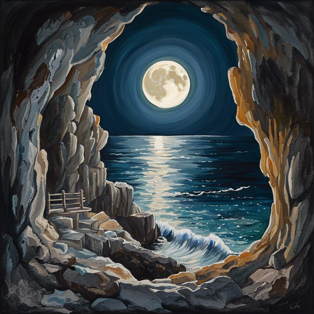 Full Moon Over Sea: Gouache Cave Painting