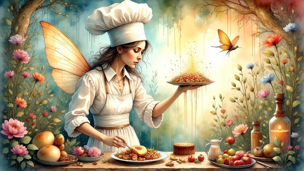 Fairy Chef Conjures Meal in Watercolor Style