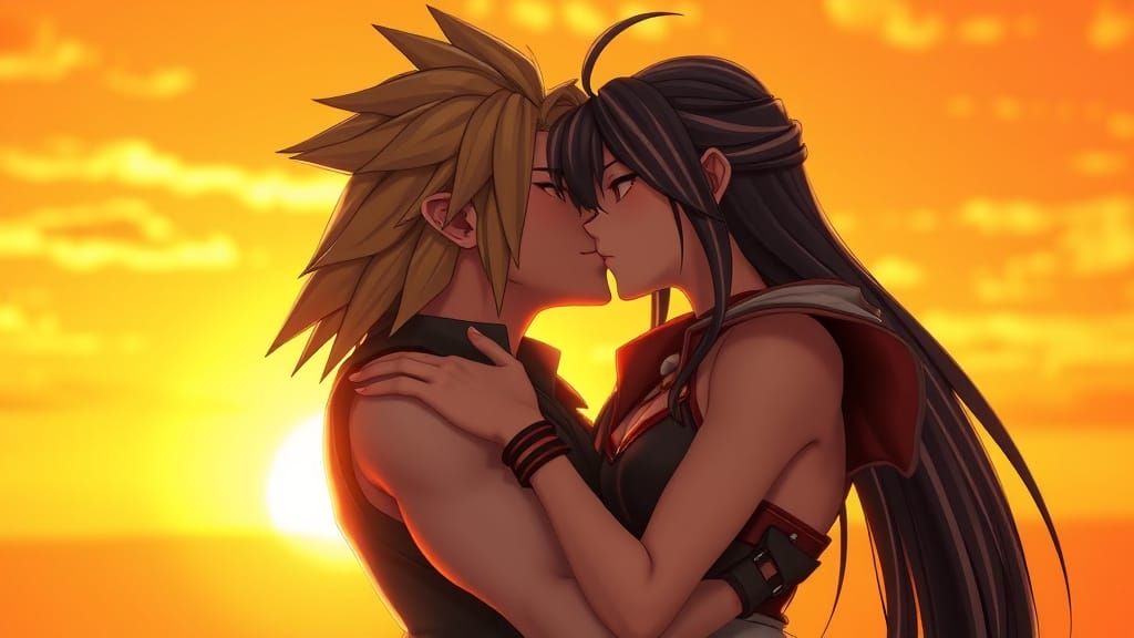 Cloud and Tifa Kiss in Anime Style Sunset