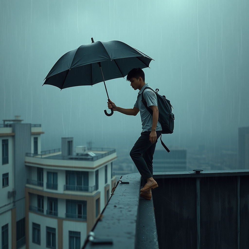 Man Walking on Rooftop During Thunderstorm, Hyperrealistic