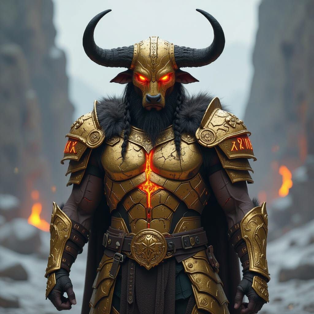 Buffalo God in Gold Armor with Lava Glow