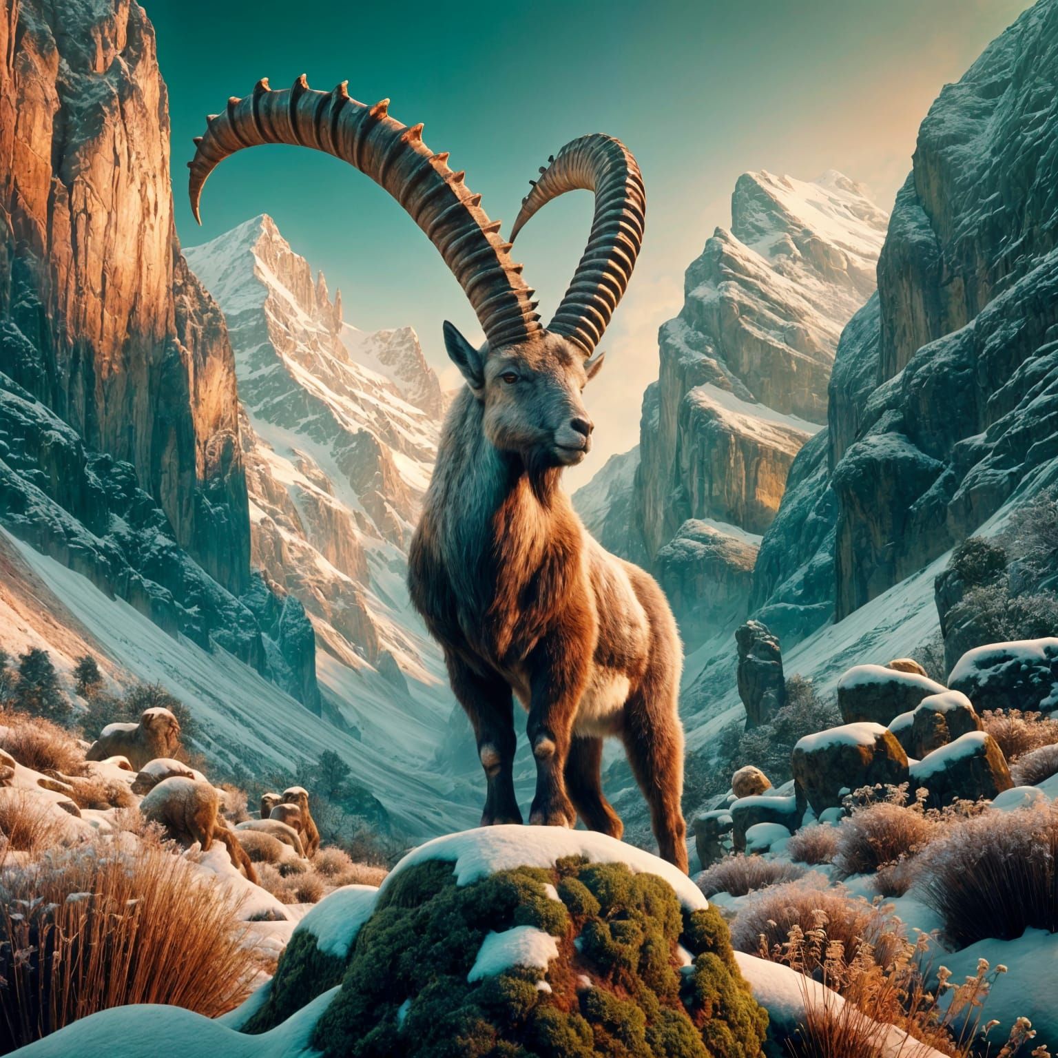 Majestic Alpine Ibex on Snowy Rock in Art Nouveau Style