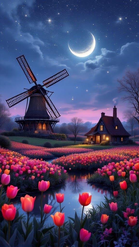 Surreal Nighttime Holland Landscape with Windmill and Tulips