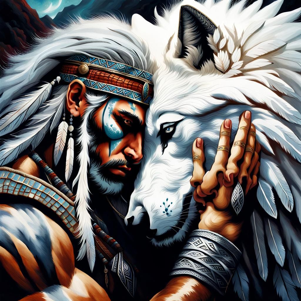 Mystical Warrior and White Wolf Bond in Dreamlike Scene