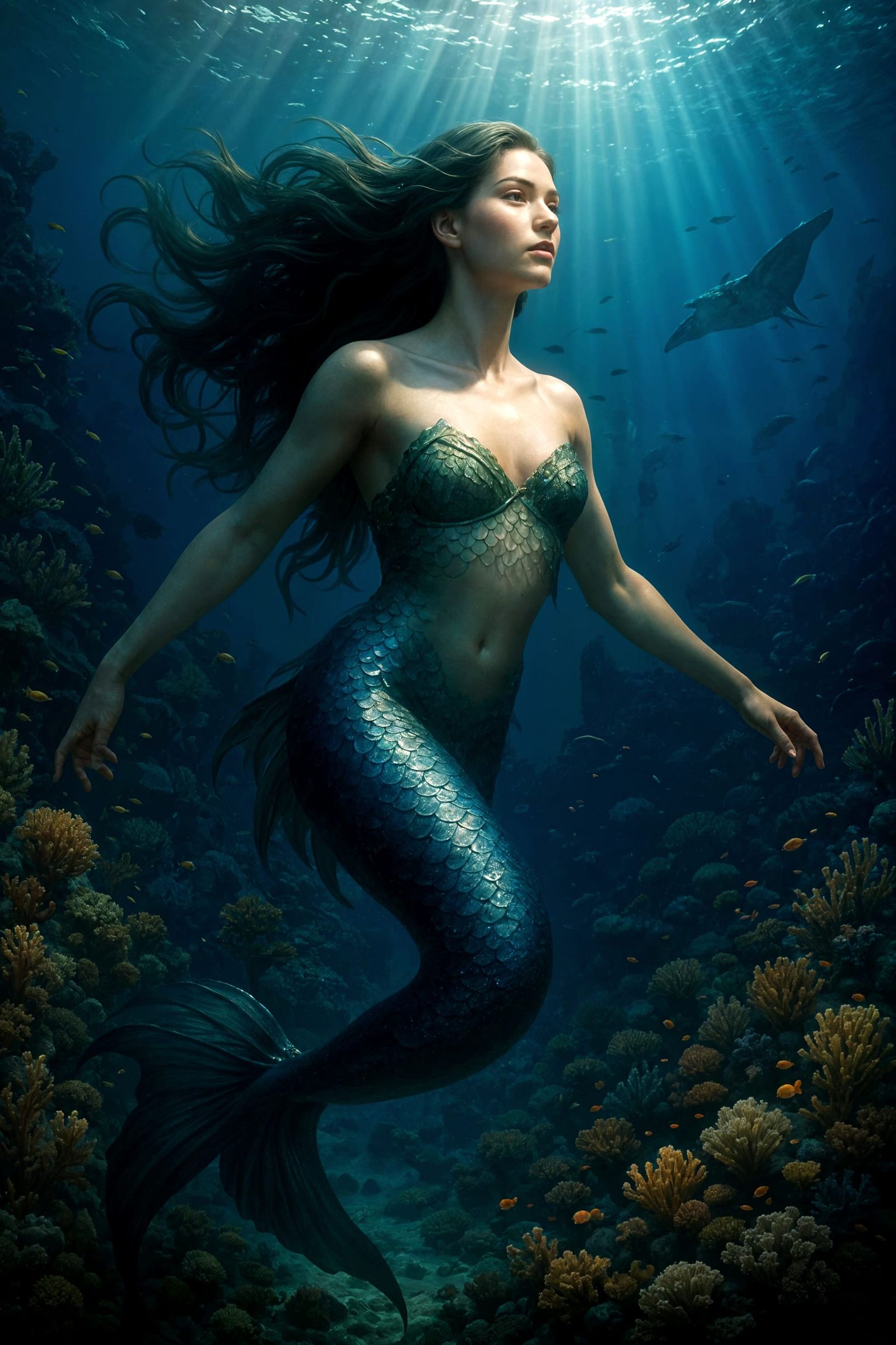 Underwater Mermaid in a Deep Ocean Environment