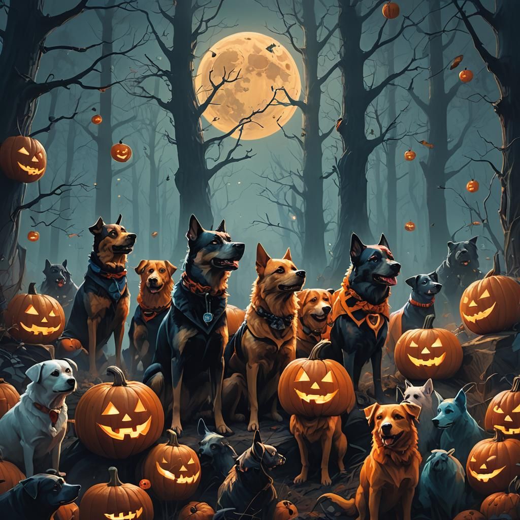 Halloween Dogs in Mystical Forest: Fantasy Concept Art