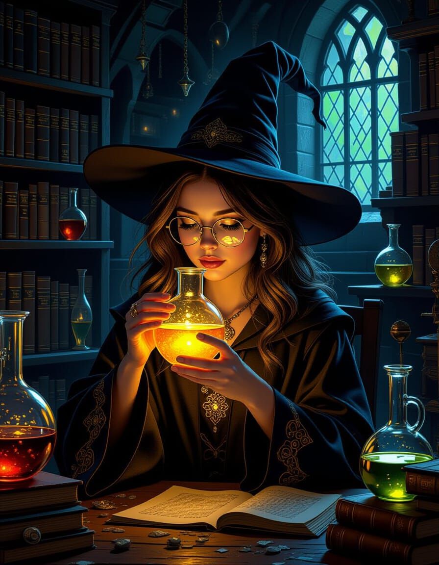 Alchemist Girl Drinks Potion in Dark Fantasy Lab