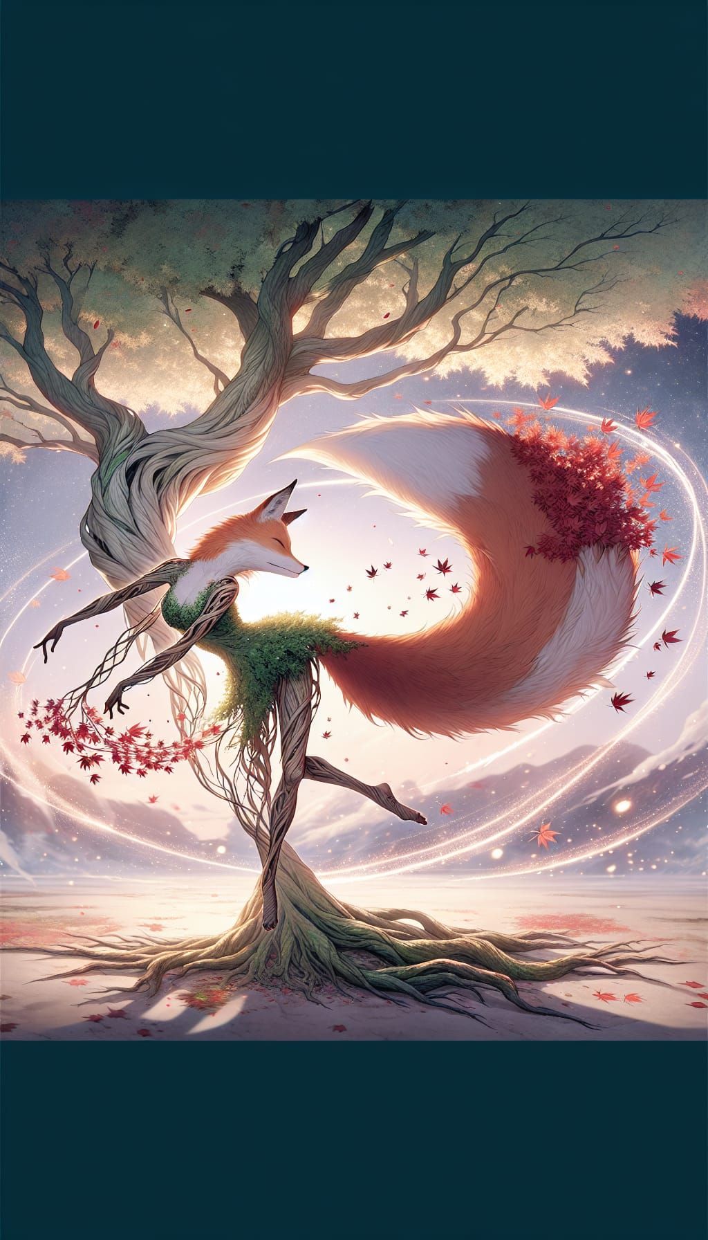 Fox-Maple Tree Dance in Anime-Inspired Fantasy