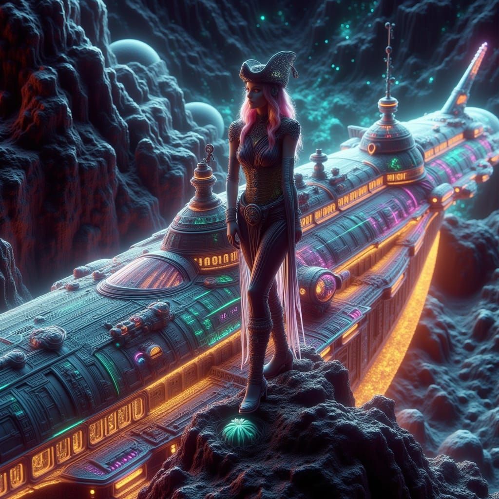 1940s Girl-Boss Space Pirate Captain on Rocketship