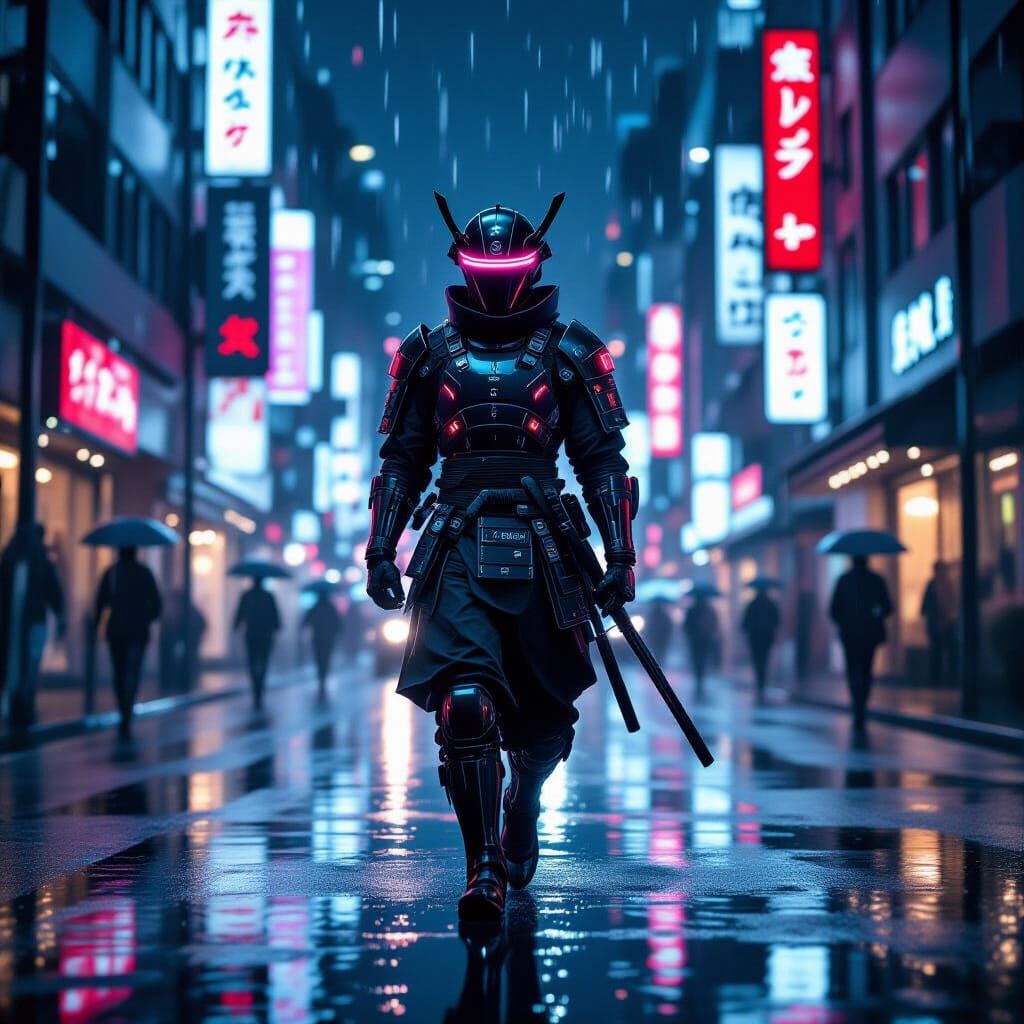 Cyberpunk Samurai in Neon Tokyo: Photorealistic Art