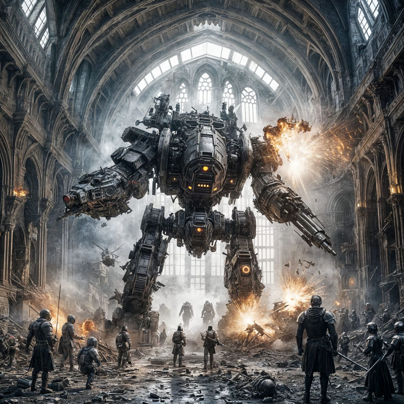 War Mech Assaults Medieval Castle in Dark Fantasy Style