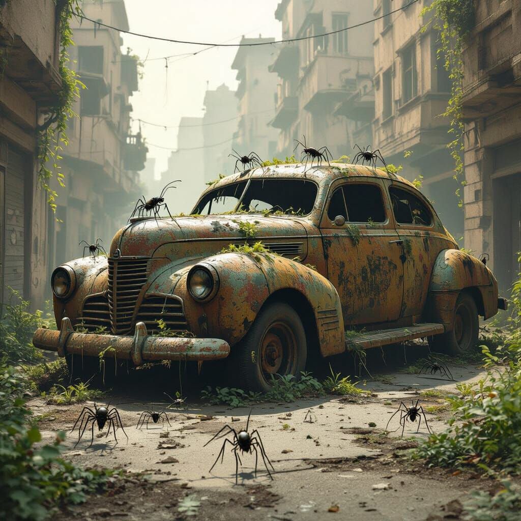 Ancient Car in Abandoned City, Eerie Insects Climbing
