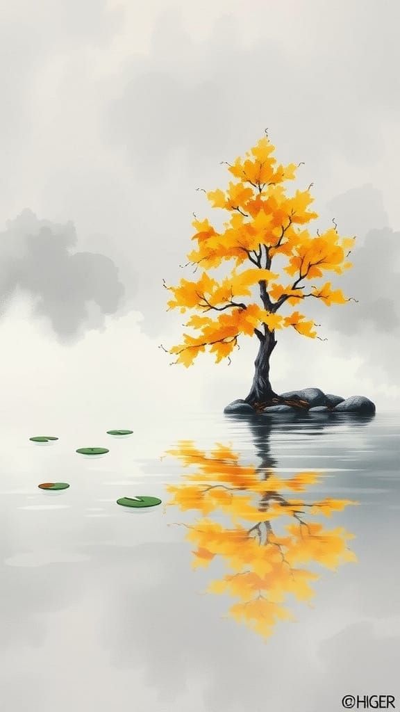 Soft Gray Watercolor Landscape with Delicate Water Lilies