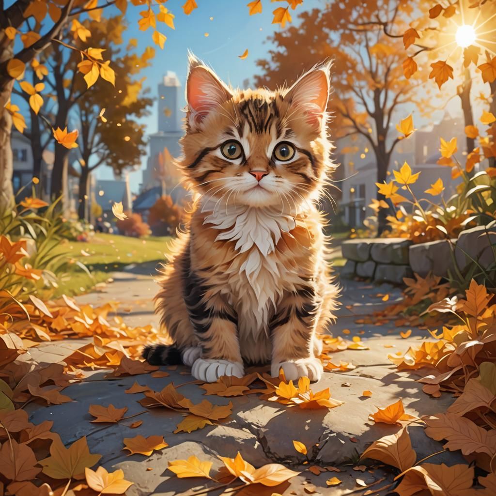 Adorable Kitten in Autumnal Scene, Digital Art