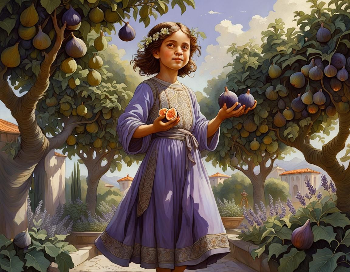 a small girl (symmetrical body) in the garden,  happy, picki...