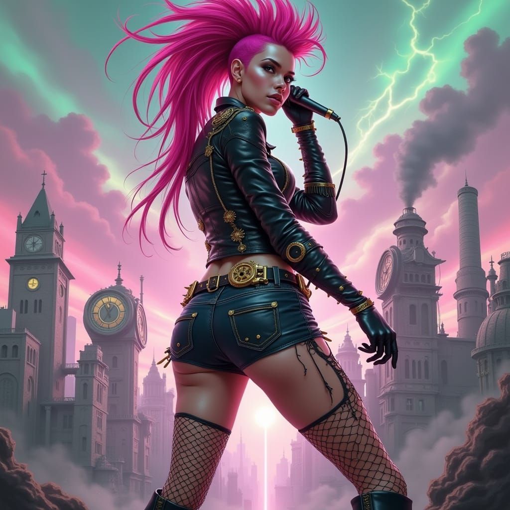 Clockpunk Punk Rock Princess with Pink Mohawk in Dystopian C...