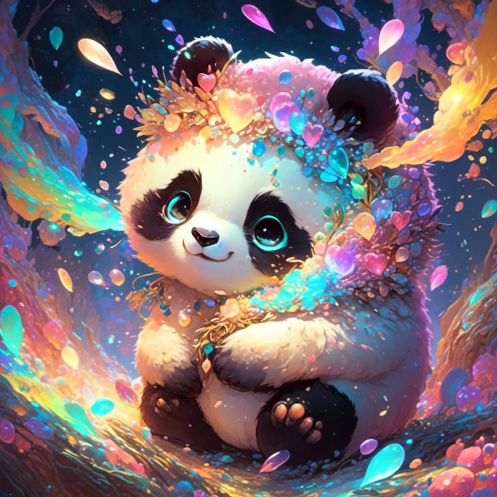 Chibi Panda in Bioluminescent Rainbow Forest