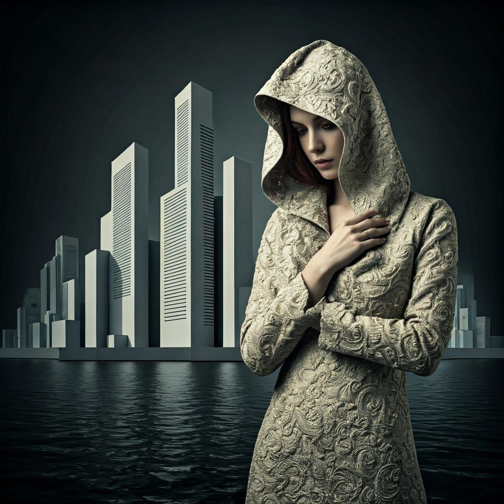 Abstract Woman in Geometric Cityscape, Bauhaus Style