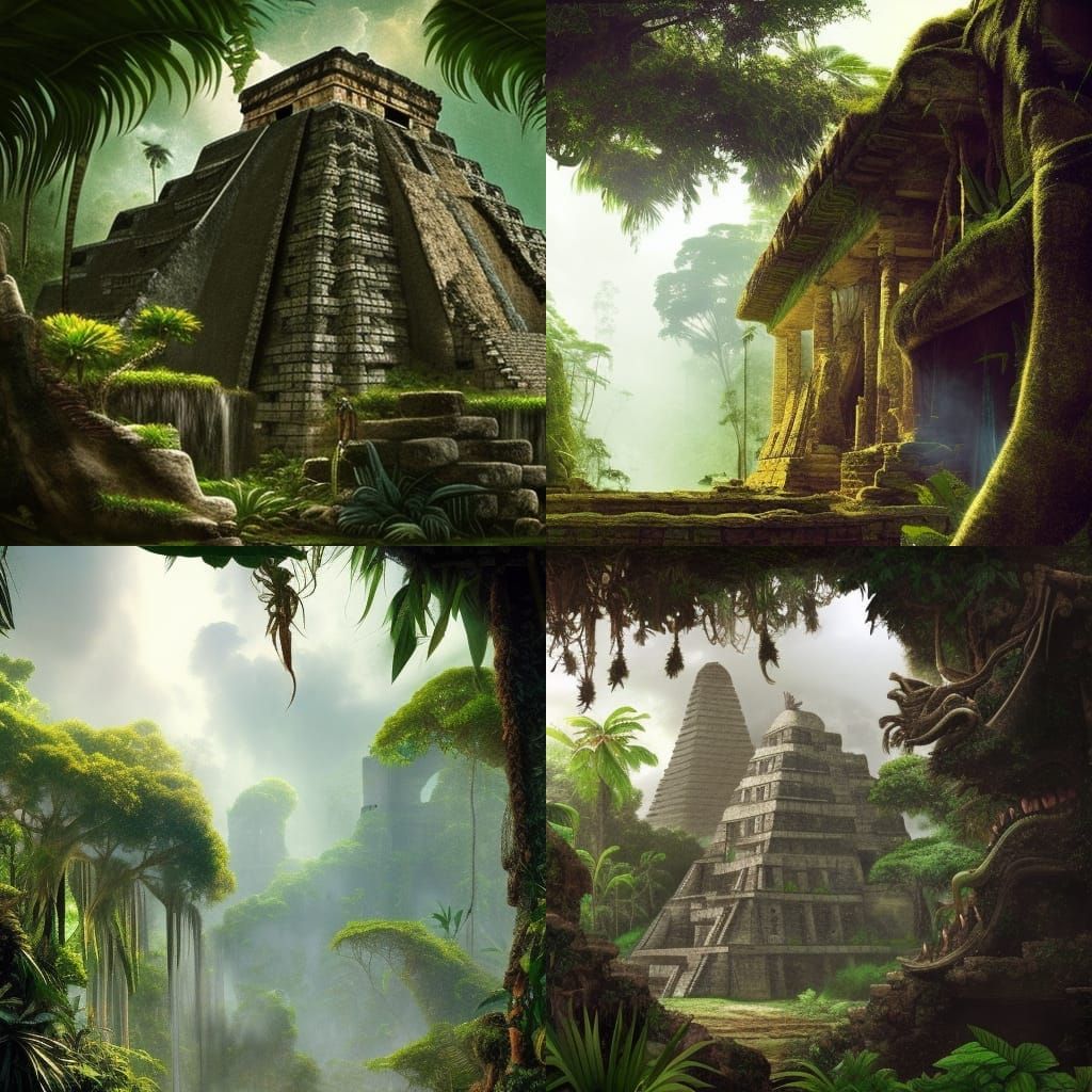 Mayan Ruins Explorer in Jungle, Chiaroscuro Painting