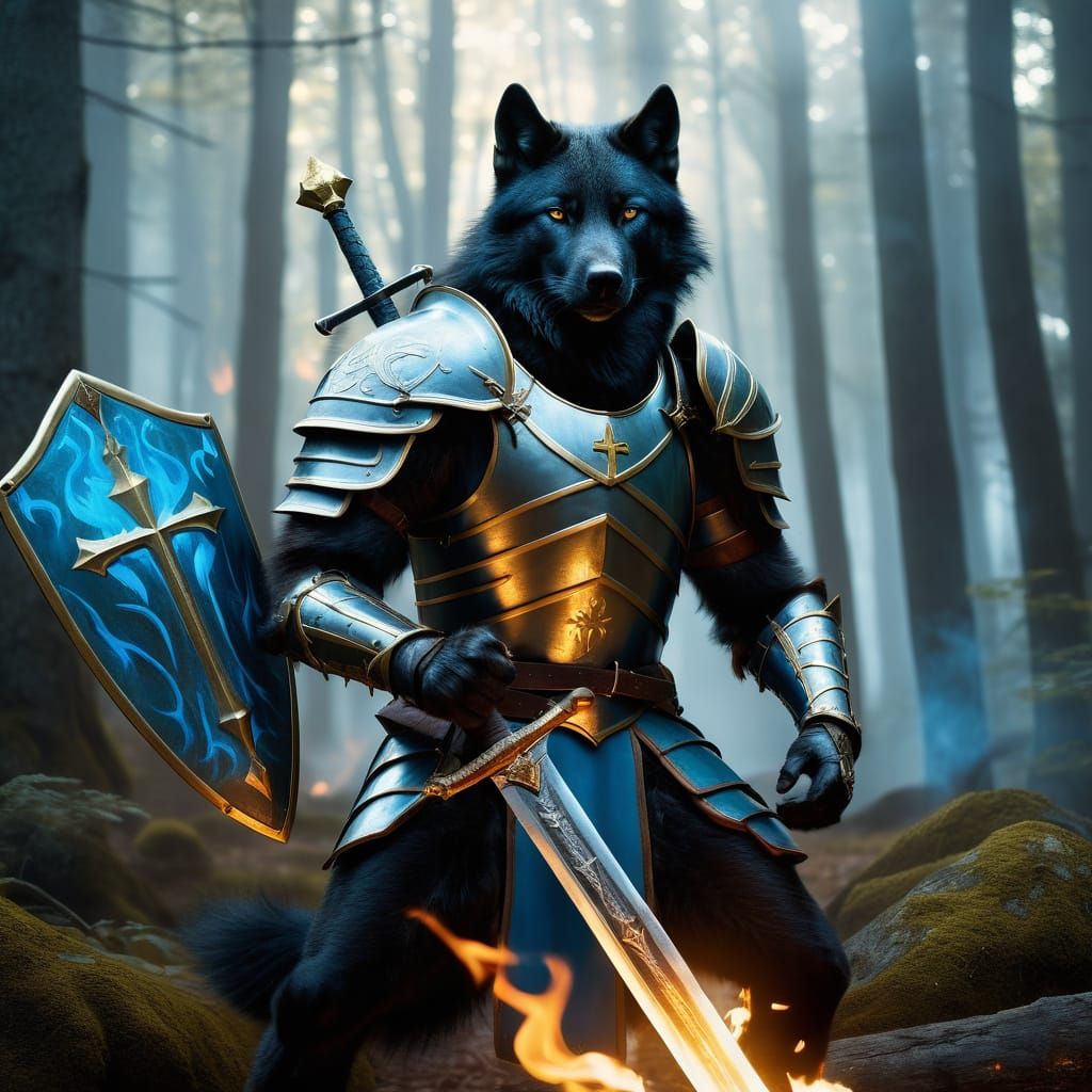 Majestic Black Wolf Knight in Radiant Armor