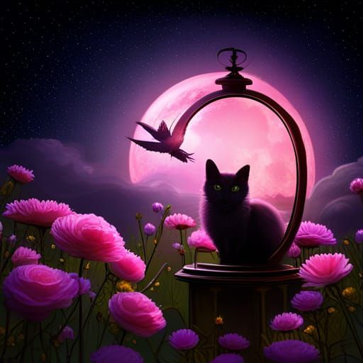 Cute Black Cat on Lantern Under Pink Starry Sky