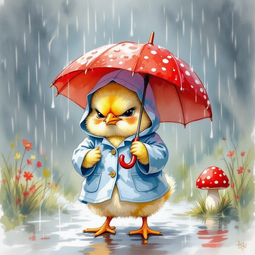 Grumpy Chick in Rainstorm, Watercolor Illustration