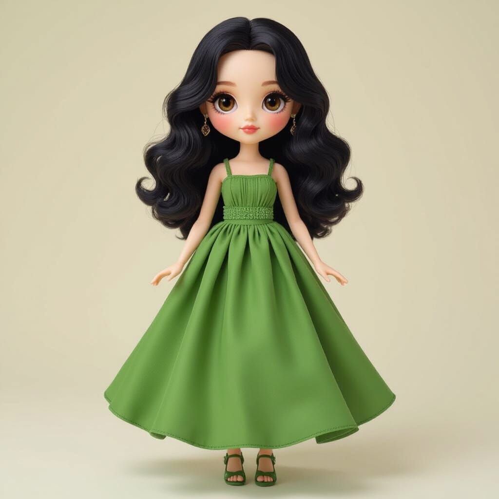 Blythe Doll with Flowing Green Dress in Whimsical Art Style