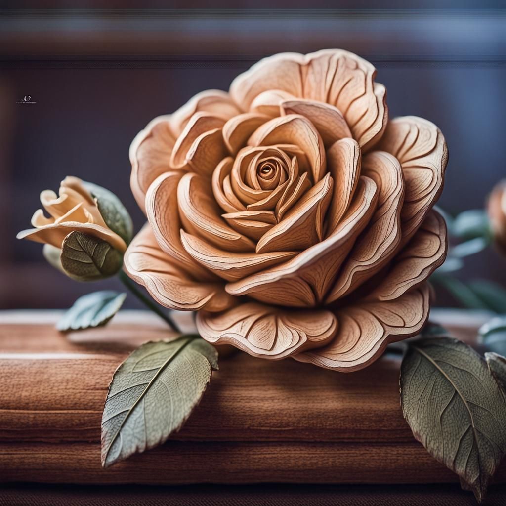 Macro Photograph of Intricate Wooden Rose Carving