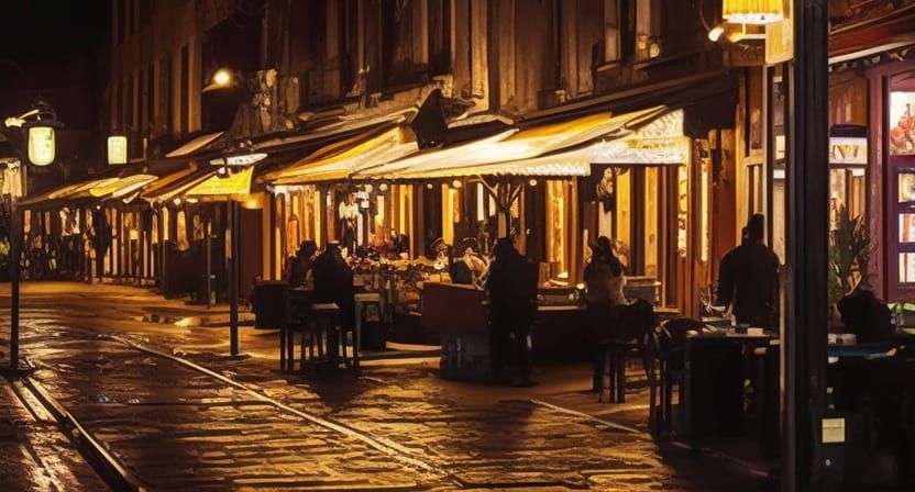 Dimly lit cafe at night , with warm light spilling out onto the street. The Jazzy cafe is bustling with people huddled a...