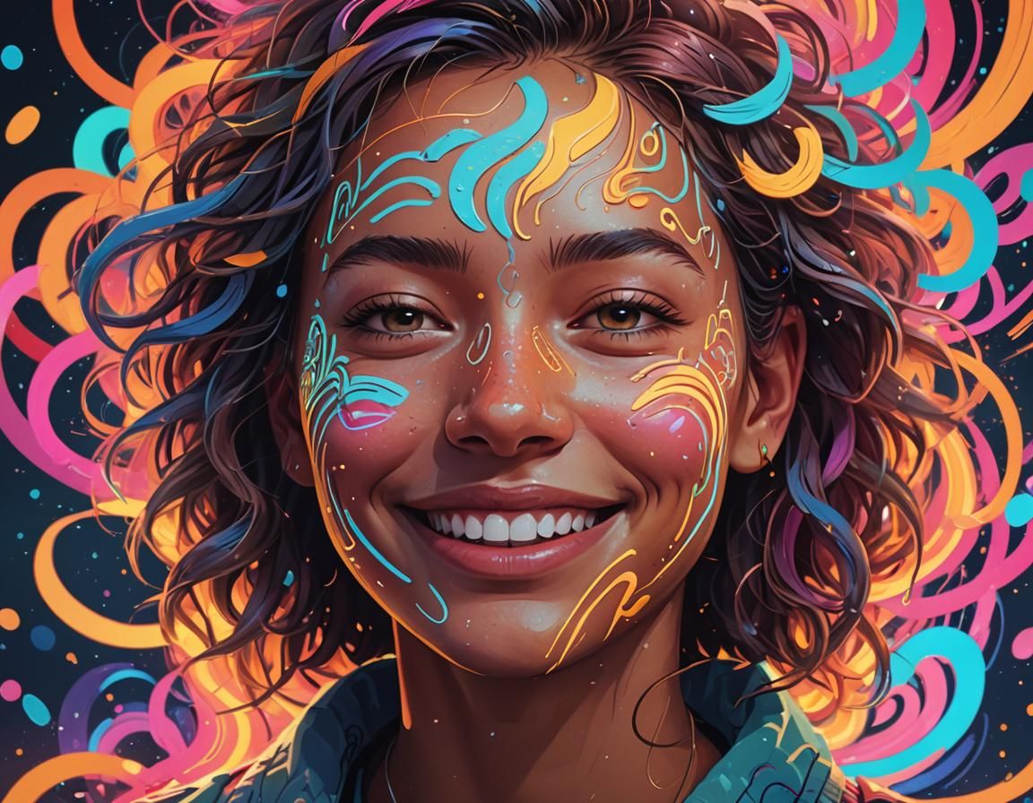 Smiling Face with Swirling Neon Patterns