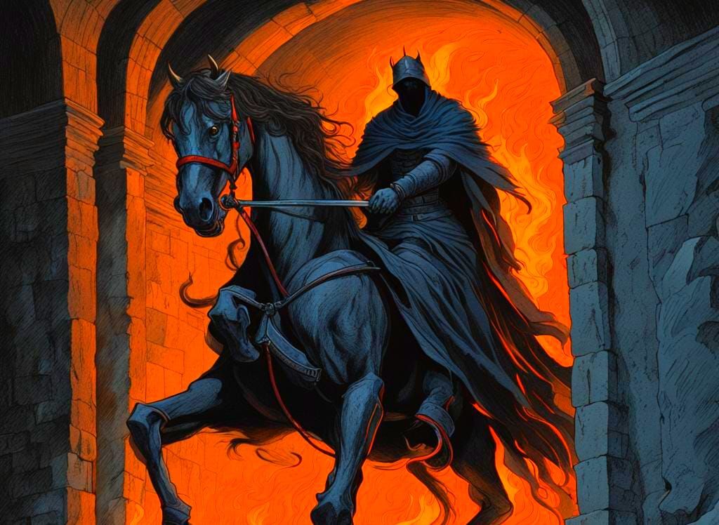 Fiery Headless Horseman in Catacombs, Horror Art