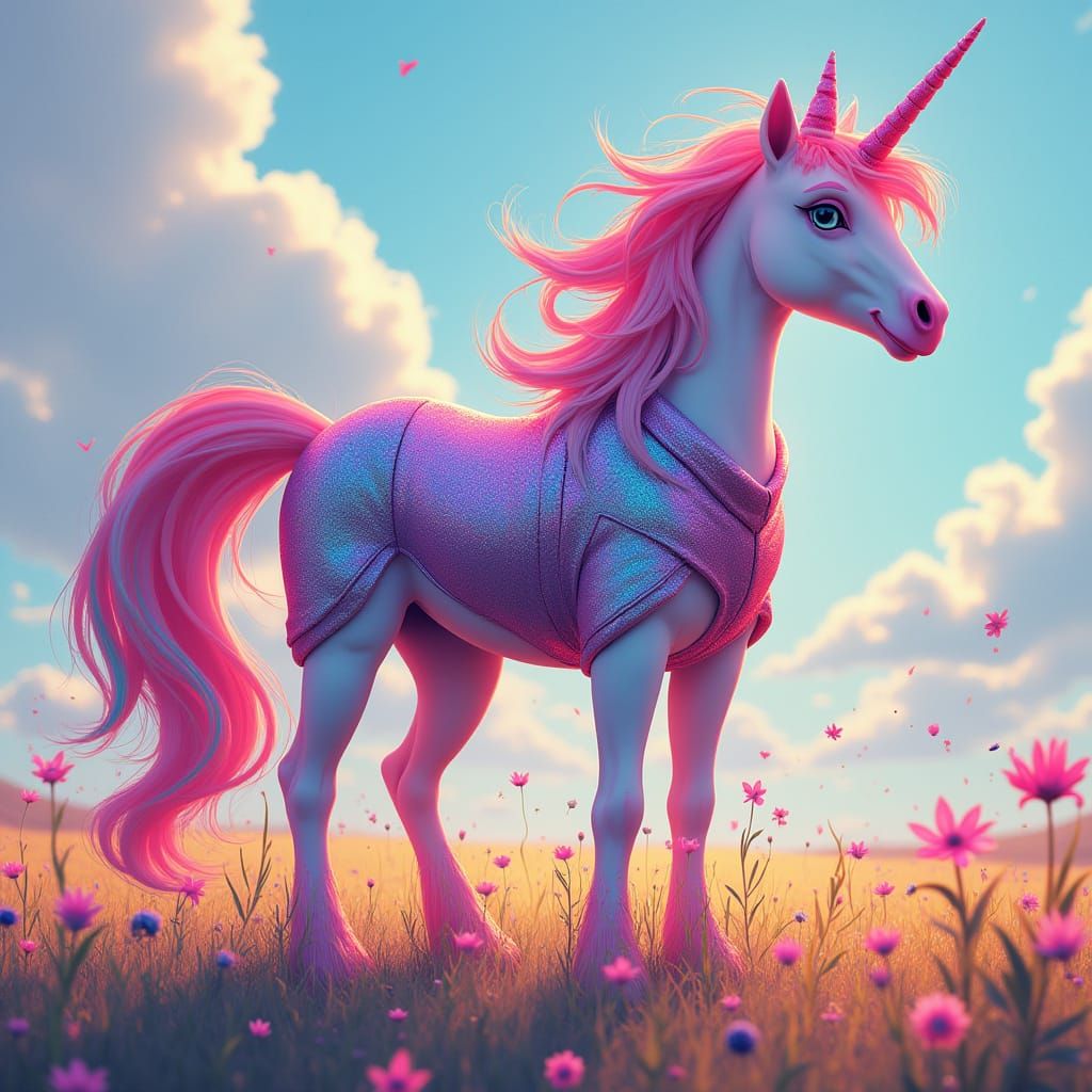 Mythical Pony Hero in Neon Meadow, Futuristic Style
