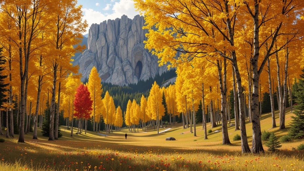 Autumn Aspen Park with Futuristic Rock Wall