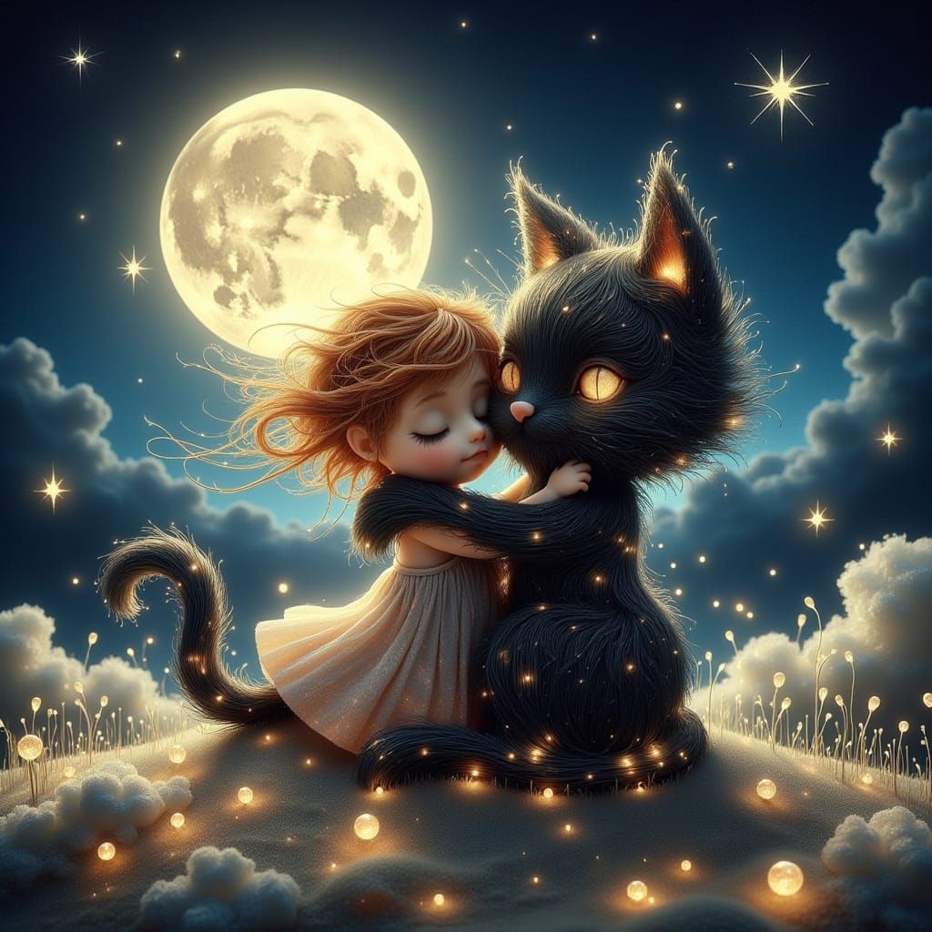 Whimsical Black Cat Hugs a Messy-Haired Girl Under Moonlight