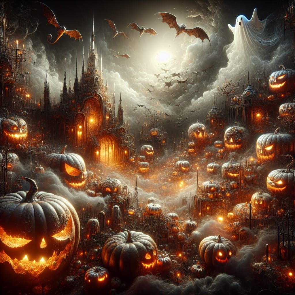 Halloween Landscape with Pumpkins, Bats and Ghost
