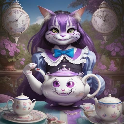 Cheshire Cat Floats Beside Teapot in Qajar Art Style