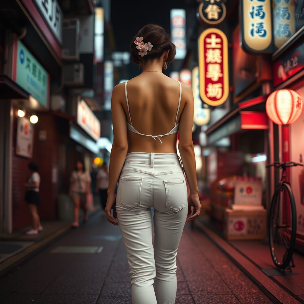 Geisha in Tokyo Street with Neon Reflections