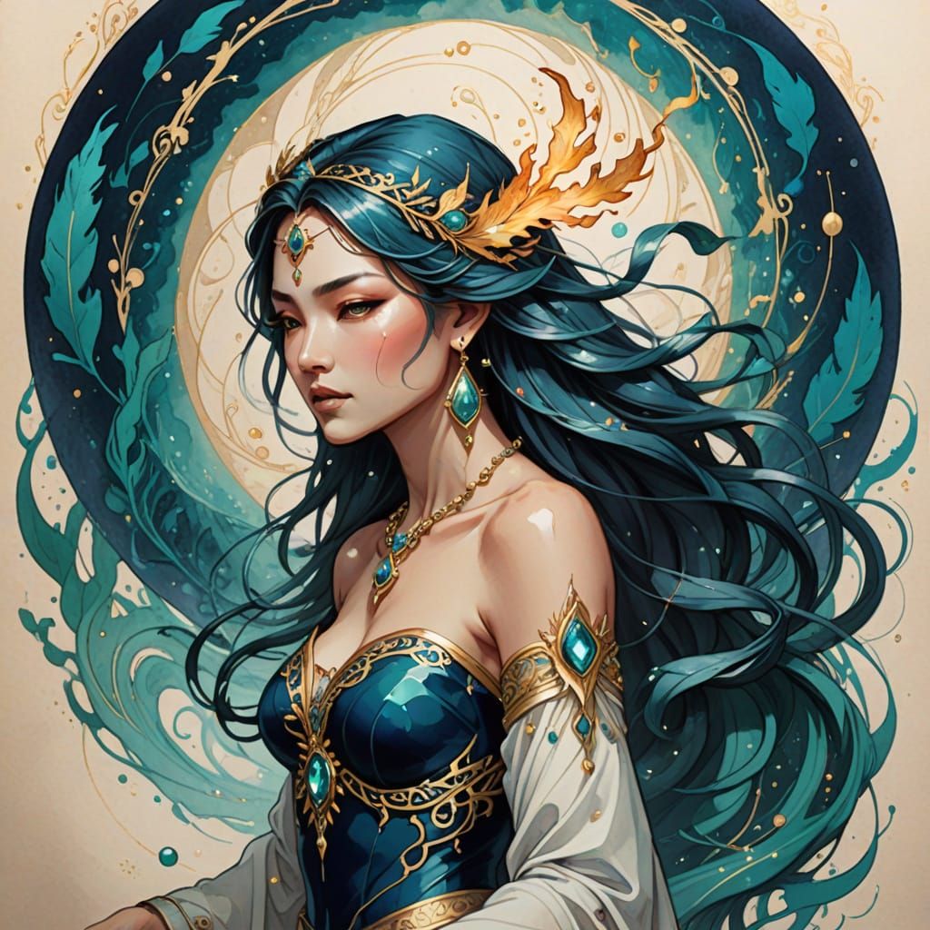 Ethereal Goddess in Ancient Rune-Adorned Parchment