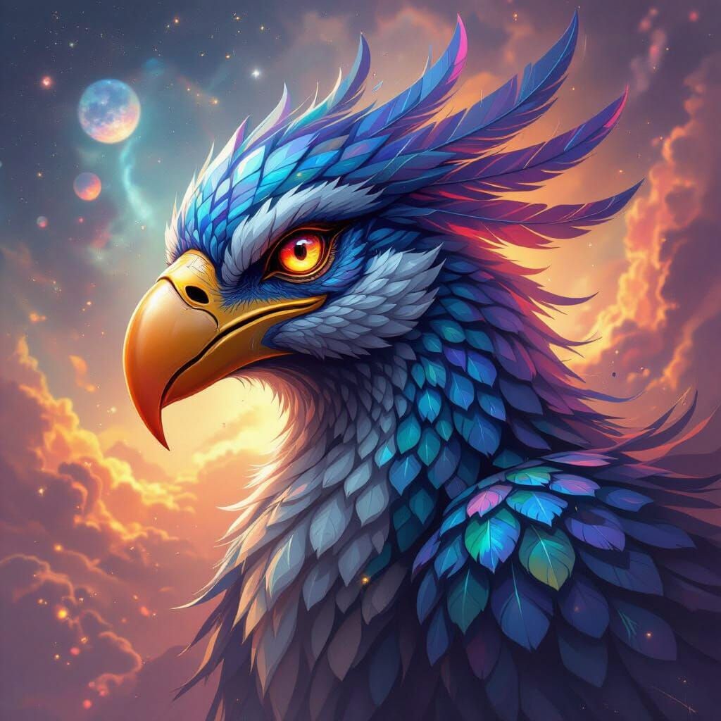 Mythical Avian-Humanoid Creature in Cosmic Nebula