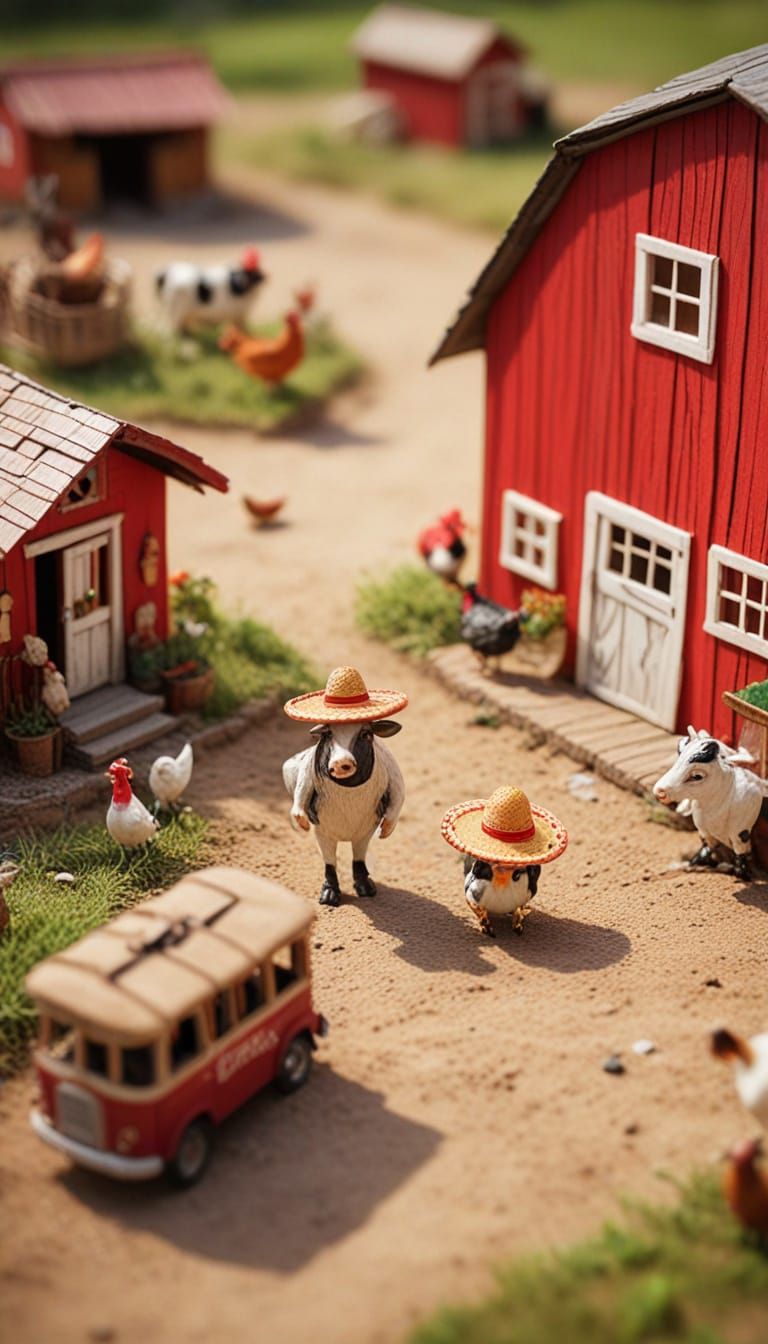 Miniature Animal Farm with Sombreros in Tilt-Shift