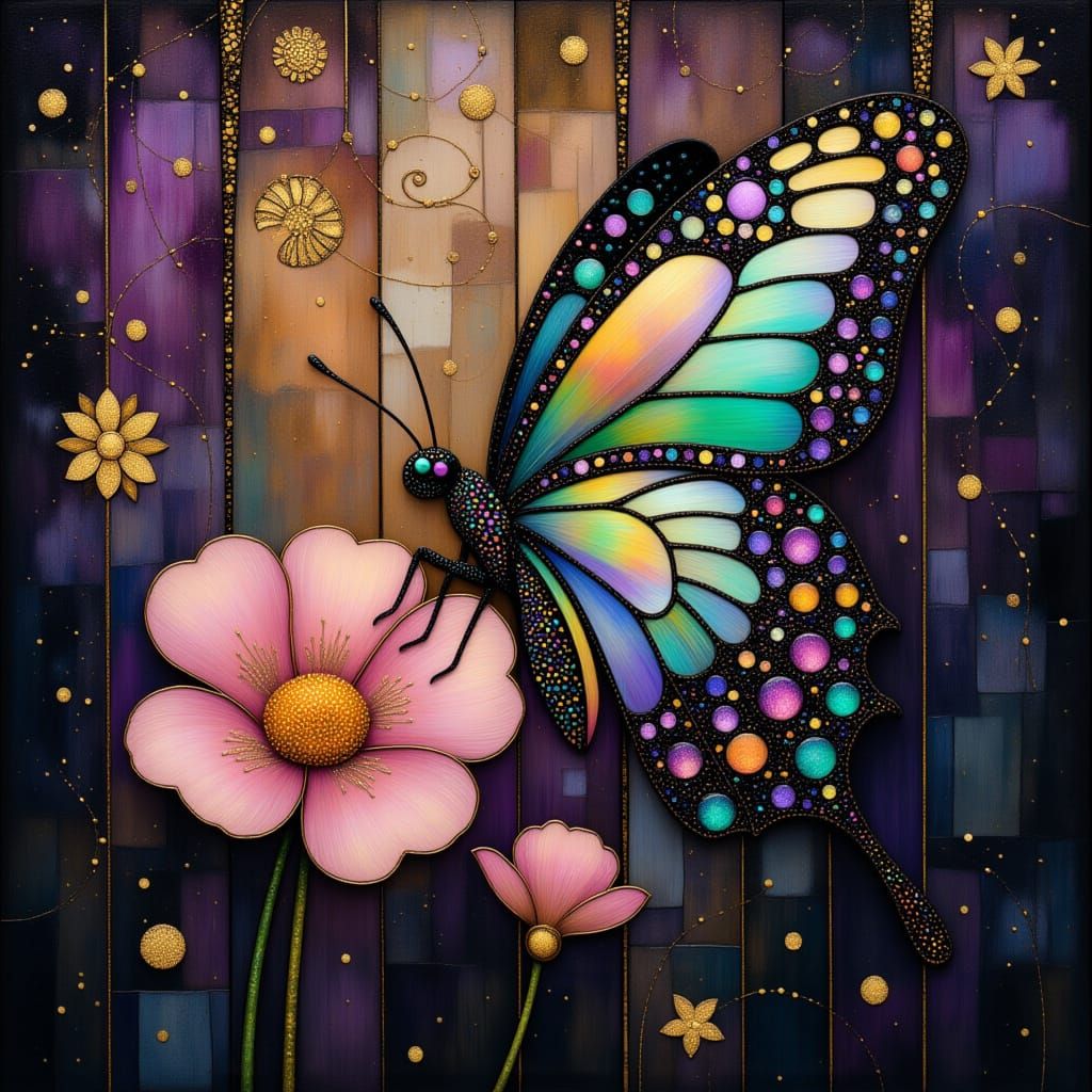 Ethereal Butterfly on Ornate Flower in Art Nouveau Style