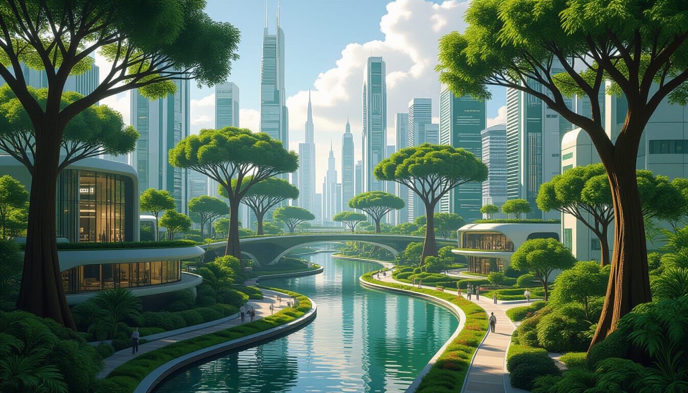 Utopian Frutiger Cityscape with Lush Greenery