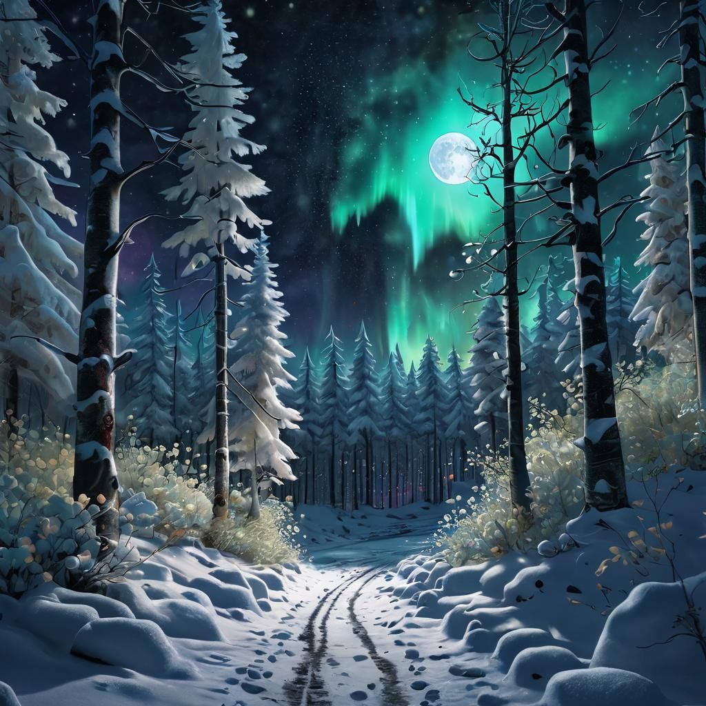 Winter Forest Path Under Aurora Borealis