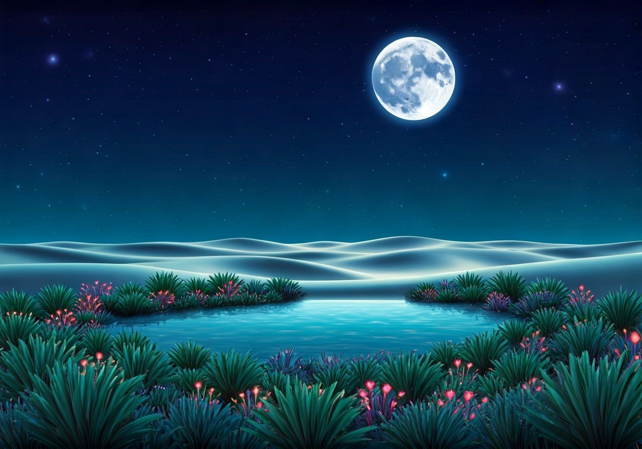 Magical Desert Oasis Under Starry Indigo Sky