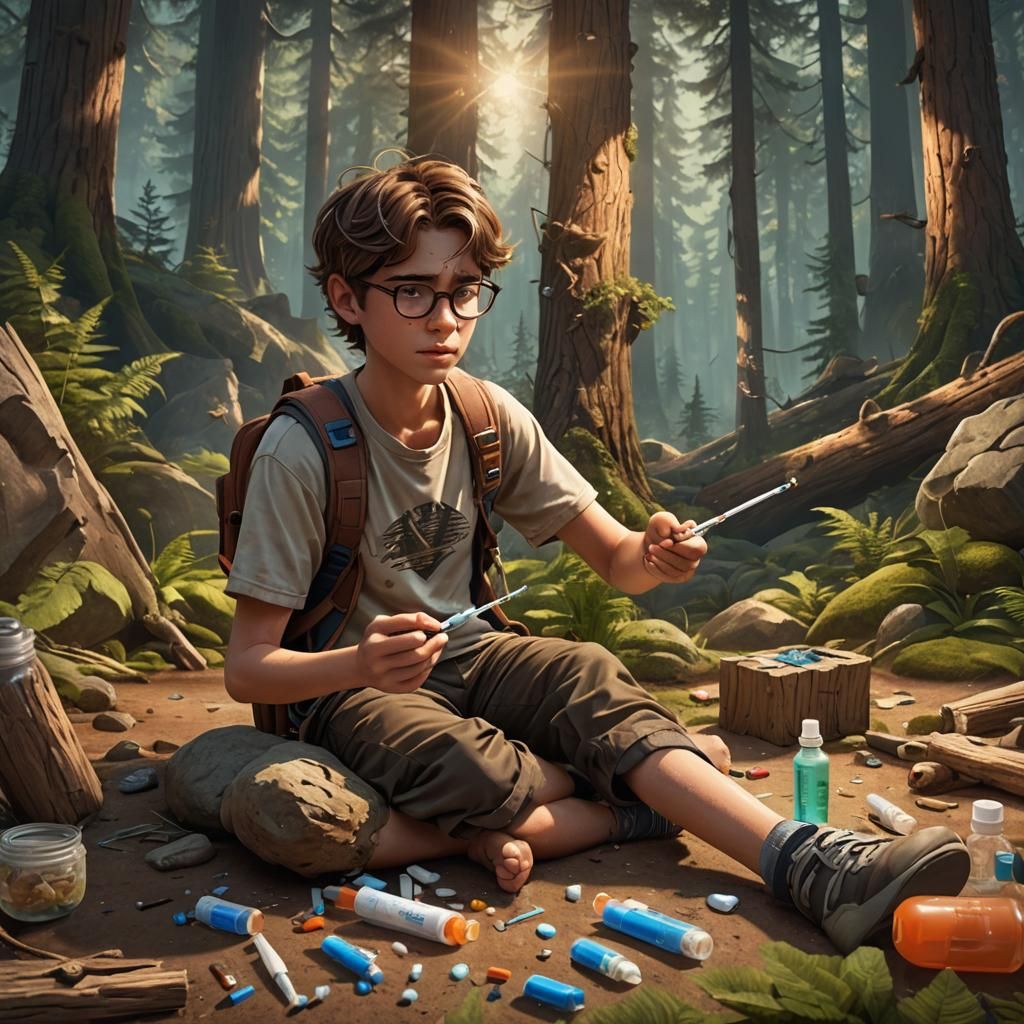 Boy Injects Insulin at Camp: Detailed Matte Painting
