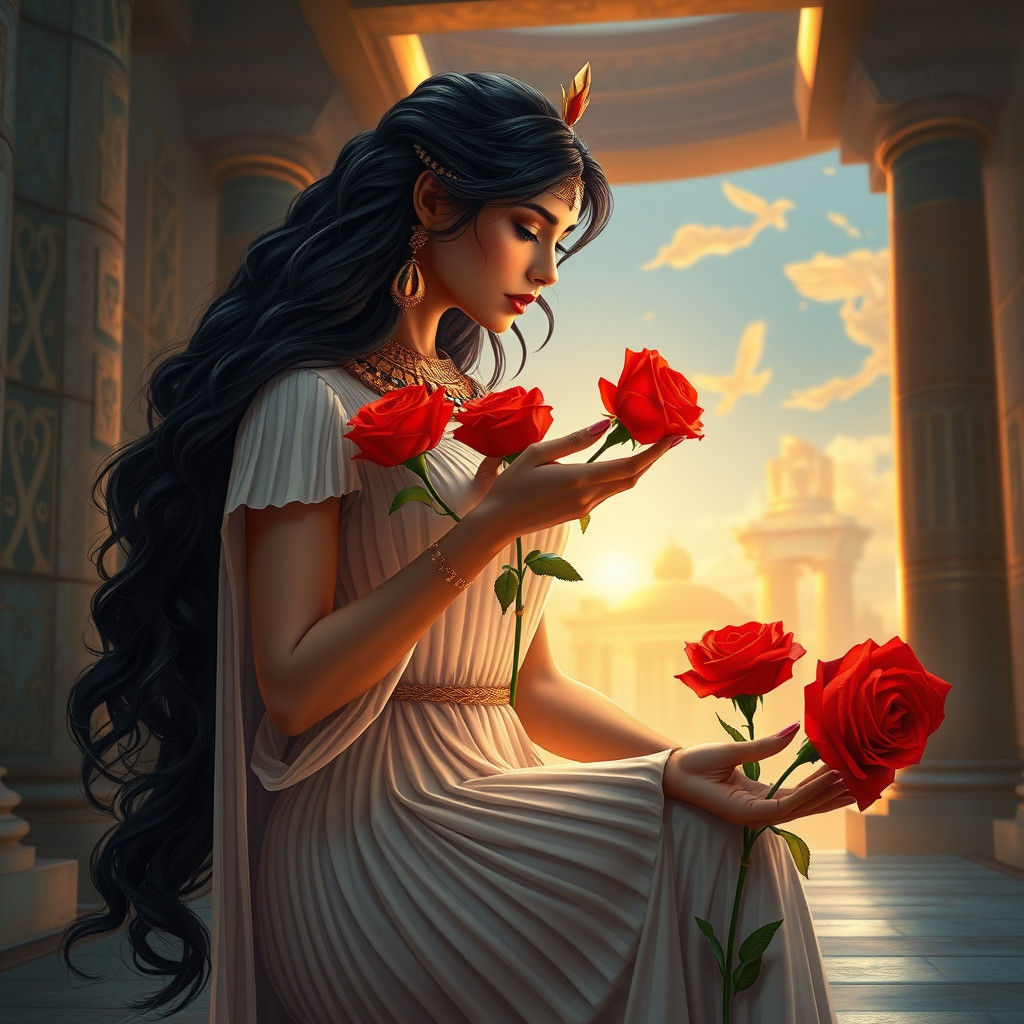 Egyptian Goddess Weaves Magical Red Roses Amidst Ancient Arc...