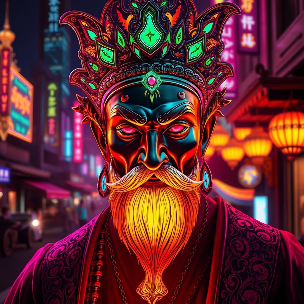 Majestic Figure in Neon Bangkok: Art Nouveau Portrait